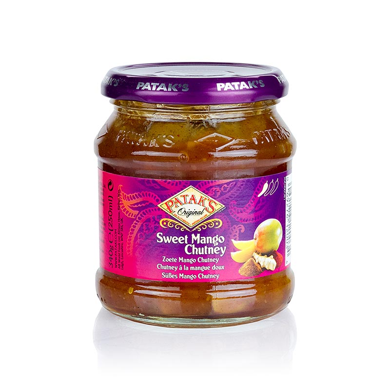 Gläsernes Mango-Chutney von Patak´s, 340 g - eine süße und milde Mischung aus 38% Mango, Zucker, Salz, Gewürzen, Knoblauch und Ingweröl, die Ihren Fleischgerichten einen frischen, fruchtigen und süßen Geschmack verleiht Kann Spuren von Nüssen enthalten