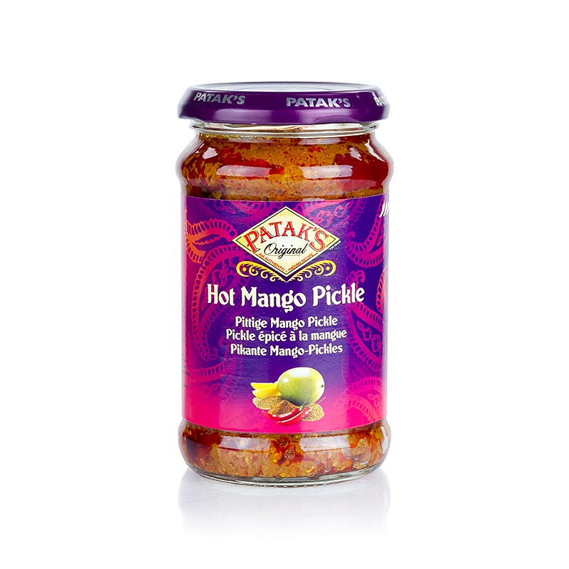 Mango Pickle, extra scharf, pastös, von Patak's, 283 g - traditionelle indische Beilage aus gekochten Früchten oder Gemüse in einer würzigen Mischung, als Beilage zu indischen Gerichten oder anderen Gerichten wie Salaten, Wurst/Fleischaufschnitt und Pizzas, auch als herzhafter Dip mit Mayonnaise oder Joghurt