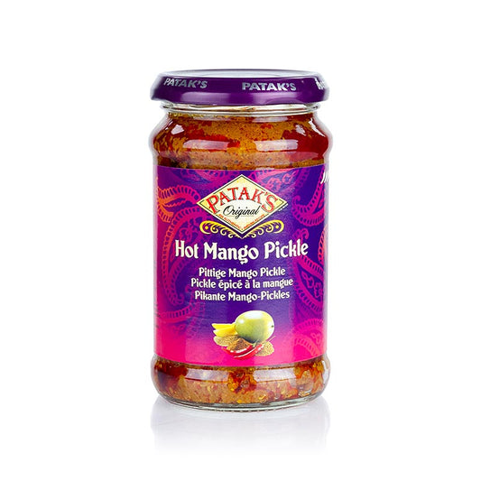 Mango Pickle, extra scharf, pastös, von Patak's, 283 g - traditionelle indische Beilage aus gekochten Früchten oder Gemüse in einer würzigen Mischung, als Beilage zu indischen Gerichten oder anderen Gerichten wie Salaten, Wurst/Fleischaufschnitt und Pizzas, auch als herzhafter Dip mit Mayonnaise oder Joghurt