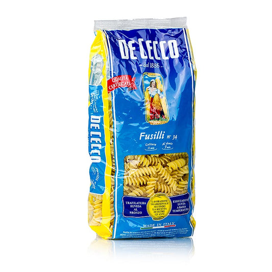 De Cecco Fusilli, No34, 500 g - spiralförmige, kurze Nudeln aus Campanien, ideal für neapolitanisches Ragout und vegetarische Saucen