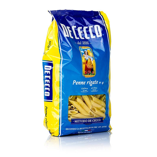 De Cecco Penne Rigate, No41, 500 g - Gerillte schräggeschnittene Kurzformatnudeln aus Campanien, ca 8,0 mm Durchmesser, 39 mm lang, 1,22-1,28 mm dick, perfekt für Fleischragout und Gemüsesaucen
