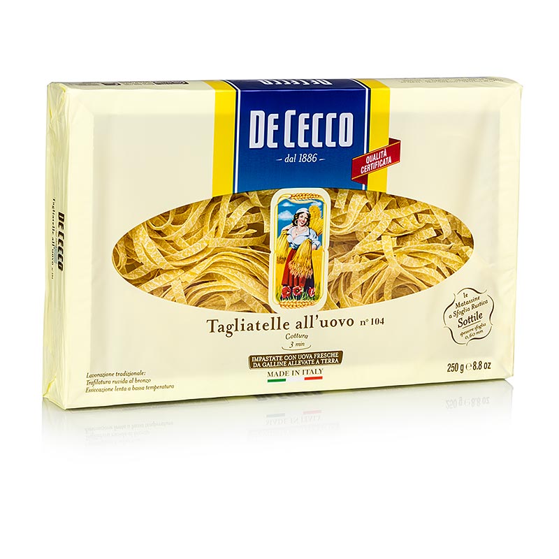 De Cecco Tagliatelle mit Ei, No104, 250 g - flache Langformate aus Ligurien, vielseitig verwendbar und schmackhaft mit verschiedenen Saucen, ideal für Nudelgerichte und Aufläufe, perfekt mit Fischsaucen, Meeresfrüchten, Butter, weißen Saucen mit Milch und Käse, evtl auch mit Curry oder Safran
