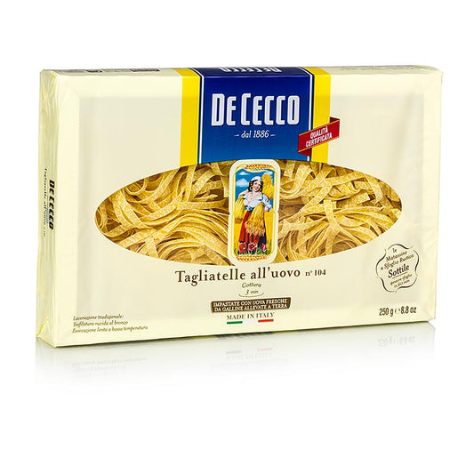 De Cecco Tagliatelle mit Ei, No104, 250 g - flache Langformate aus Ligurien, vielseitig verwendbar und schmackhaft mit verschiedenen Saucen, ideal für Nudelgerichte und Aufläufe, perfekt mit Fischsaucen, Meeresfrüchten, Butter, weißen Saucen mit Milch und Käse, evtl auch mit Curry oder Safran