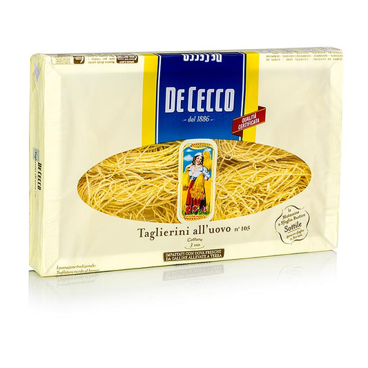 De Cecco Taglierini mit Ei, No105, 250 g: Lange, dünne Nudeln aus nördlichen Regionen Italiens, vielseitig verwendbar in verschiedenen Saucen und als Einlage in Brühen