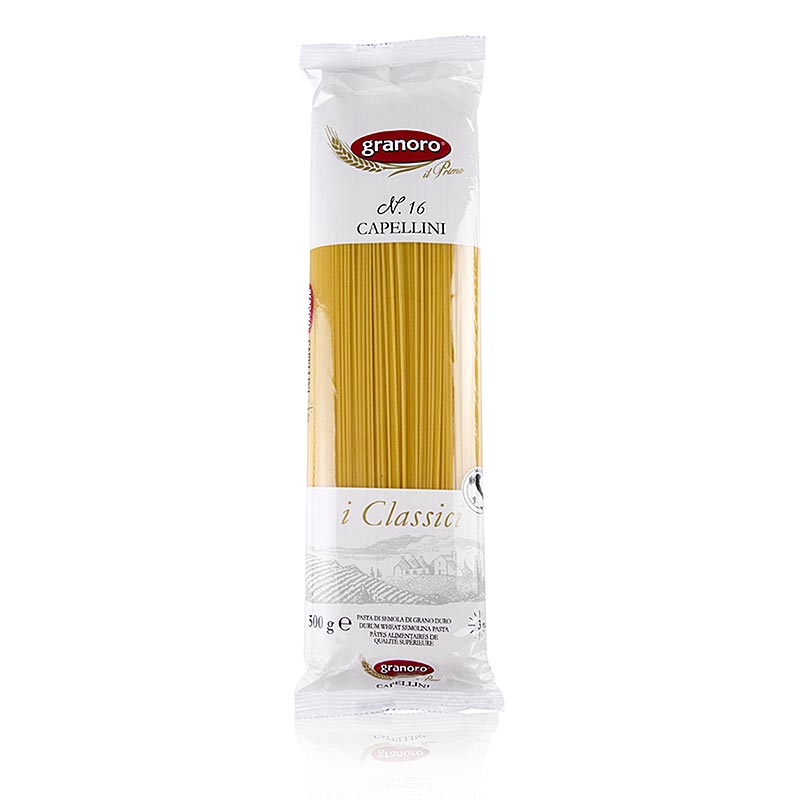 Granoro Capellini, sehr dünne Spaghetti, 1mm, No16, 500 g - Italienische Pasta aus bestem Hartweizengrieß, ohne Eier, auch bekannt als Engelshaar, mit einer Kochzeit von 3-4 Minuten