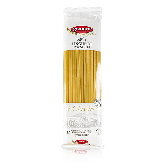 Bandnudel Granoro Lingue di Passero, 3mm, No3, 500 g aus bestem Hartweizengrieß, ohne Eier, hergestellt in Italien