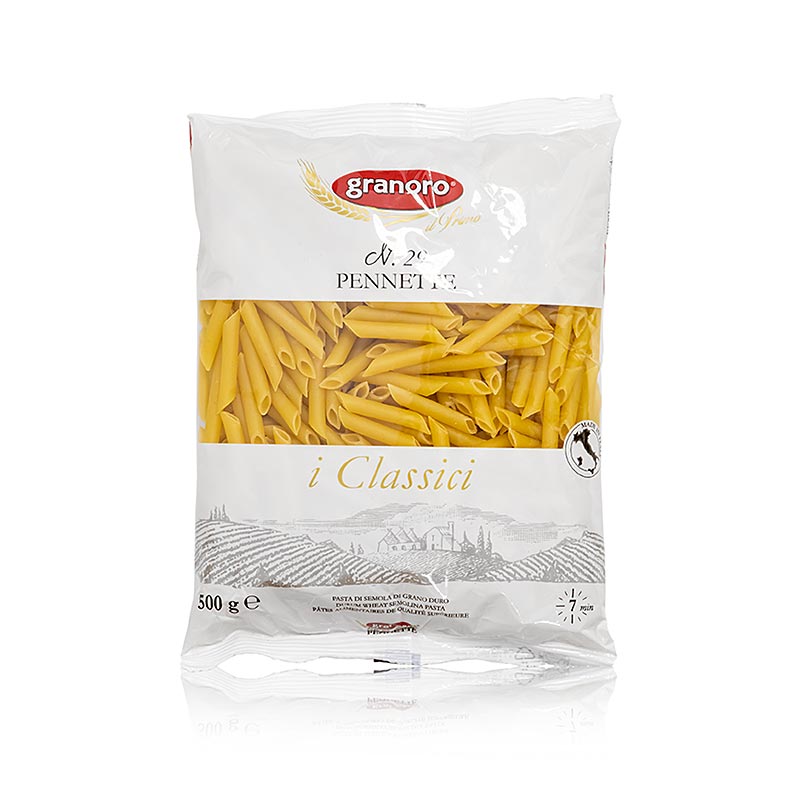 Bild einer Packung Granoro Pennette, schräge Röhrchen, glatt, No29, 500 g, hergestellt aus bestem Hartweizengrieß, ohne Eier, geeignet für Sahnesaucen