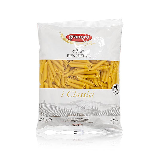 Bild einer Packung Granoro Pennette, schräge Röhrchen, glatt, No29, 500 g, hergestellt aus bestem Hartweizengrieß, ohne Eier, geeignet für Sahnesaucen