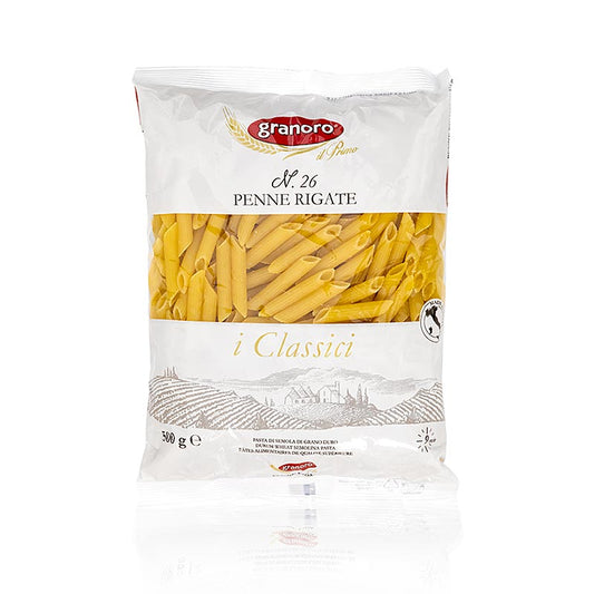 Penne Rigate, gerippt, 7 (5)mm, No26, 500 g - Italienische Röhrennudel aus bestem Hartweizengrieß, die besonders gut Saucen annimmt und ideal in Verbindung mit allen Nudelsaucen ist
