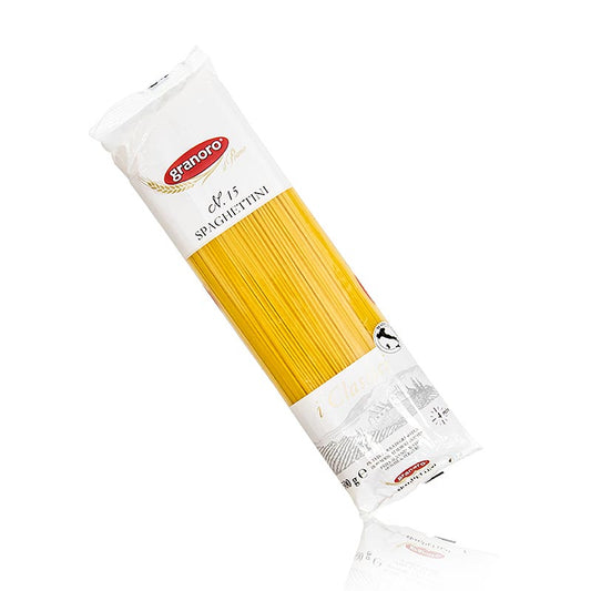 Granoro Spaghettini, dünne Spaghetti, 1,2mm, No15, 500 g - Hochwertige Pasta aus Hartweizengrieß, ohne Ei, hergestellt in Italien, benötigt ca 4 Minuten Kochzeit