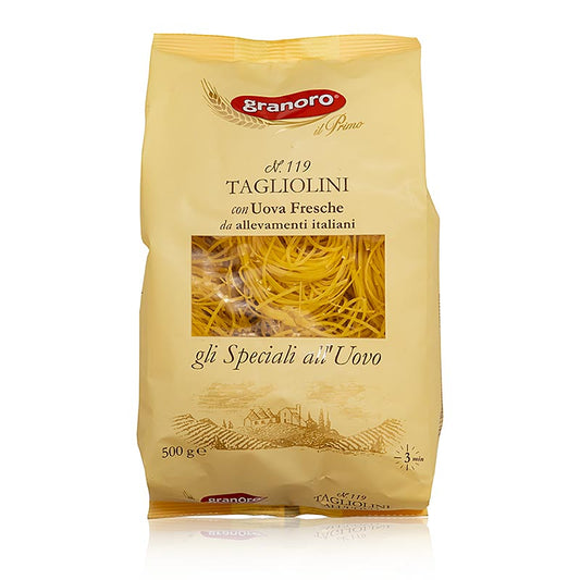 Granoro Tagliolini mit Ei, 2mm, Bandnudelnester, No119, 500 g - Italienische Pasta aus Hartweizengrieß und Eiern mit kurzer Kochzeit