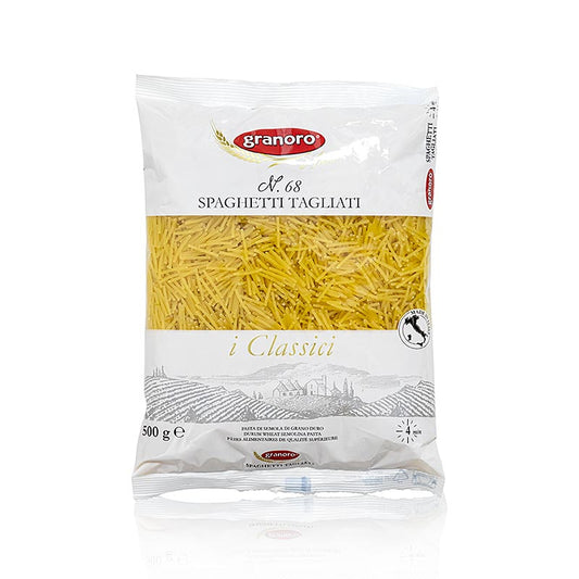 Bild eines 500g Pakets Granoro Vermicelli Tagliati, dünnen kurzen Suppennudeln No68, hergestellt aus bestem Hartweizengrieß ohne Eier, ideal als Einlage für Suppen oder mit Pesto