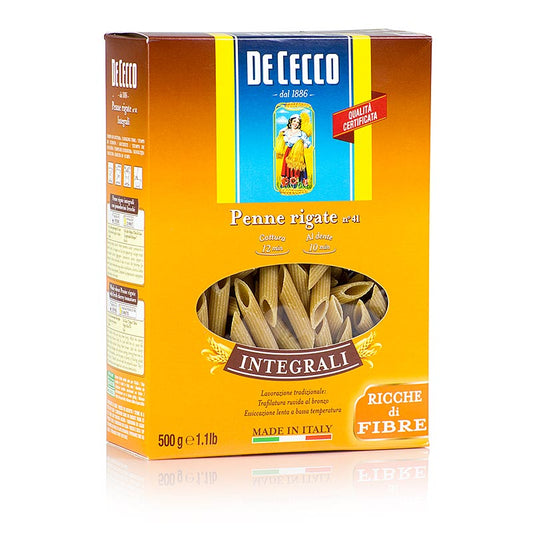 De Cecco Vollkorn Penne Rigate, No41, 500 g - Schräg geschnittene Kurzformate aus Campanien, ideal für Ofengerichte oder Nudelgerichte mit Fleisch- oder Gemüsesaucen Ca 8 mm Durchmesser, ca 50 mm lang