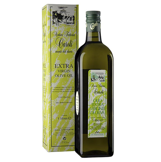 Natives Olivenöl Extra, Caroli Antica Fattoria, 1 Pressung, 1 l - Zartes hellgrünes Olivenöl mit mildem, köstlichem Geschmack, ideal für Rohkostsalate und leichte Gerichte Hergestellt nach der 1 Pressung und nur gereinigt und gefiltert