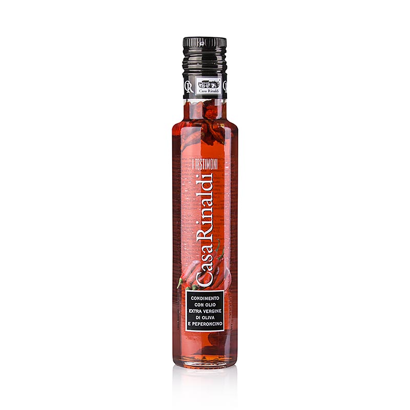 German

Alt text: Natives Olivenöl Extra aus dem Hause Casa Rinaldi, aromatisiert mit Peperoncino, in einer Flasche mit einem Fassungsvermögen von 250 ml