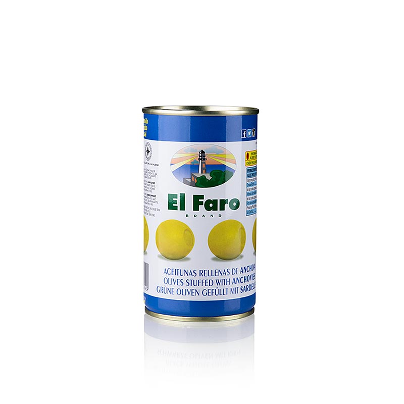 Olives vertes dénoyautées, fourrées aux anchois, El Faro, 350 g