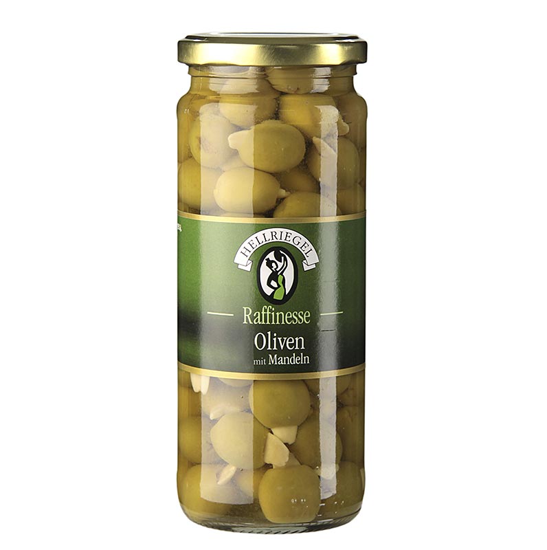 Grüne Oliven mit Mandeln, ohne Kern, in Lake, 440 g - Ideal als Barsnack oder Salatgarnitur, unreif geerntet und in Salzlake eingelegt, reduzierter Bitterstoffgehalt, verbesserte Fruchtfleischkonsistenz, auch in 360g Dose erhältlich