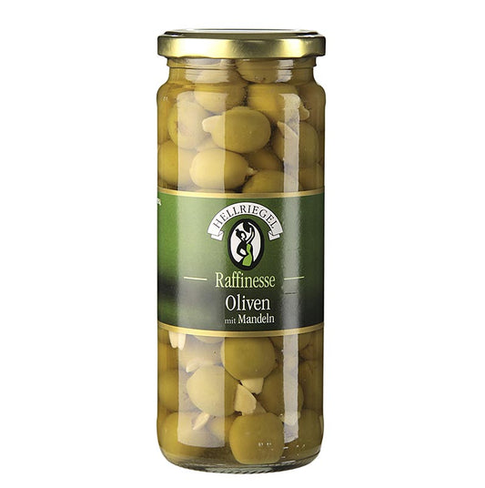 Grüne Oliven mit Mandeln, ohne Kern, in Lake, 440 g - Ideal als Barsnack oder Salatgarnitur, unreif geerntet und in Salzlake eingelegt, reduzierter Bitterstoffgehalt, verbesserte Fruchtfleischkonsistenz, auch in 360g Dose erhältlich