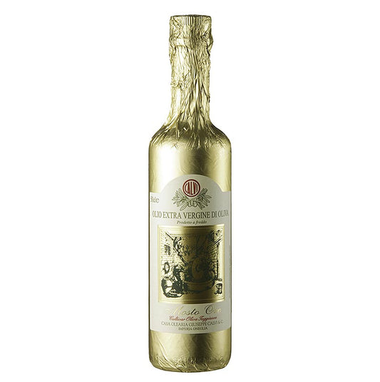 Natives Olivenöl Extra, Calvi Mosto Oro, Goldfolie, 500 ml - hochwertiges Öl für gegrillten Fisch und Pasta-Gerichte, gelblich und naturtrüb, fruchtig und süßlich delikat, mild und süßlich duftend, aus erster Kaltpressung