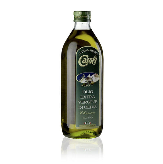 1 Liter Extra Vergine Olivenöl Classico von Caroli Antica Masseria, delikat fruchtig und leicht fruchtig duftend, hergestellt aus einer Mischung verschiedener apulischer Oliven mit einem Säuregehalt von 0,5 - 0,7 %, bietet typische Olivenaromen und eine runde, delikate Fruchtigkeit