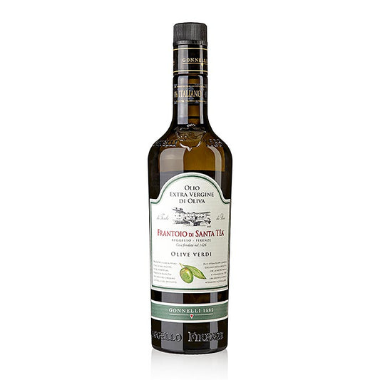 Natives Olivenöl Extra, Santa Tea Gonnelli Fruttato Intenso, grüne Oliven, 750 ml - Smaragdgrünes Öl mit intensivem Duft nach frischen grünen Oliven, handgeerntet in der Nähe von Florenz, für harmonischen Geschmack mit würzigen und bitteren Noten