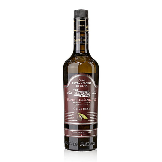 Natives Olivenöl Extra, Santa Tea Gonnelli Dolce Delicato, schwarze Oliven, 750 ml - Flasche des delikaten, goldfarbenen Olivenöls aus der Nähe von Florenz, hergestellt aus handverlesenen reifen schwarzen Leccino und Pendolino Oliven, sorgfältig verarbeitet in der Olivenmühle von Piero Gonnelli