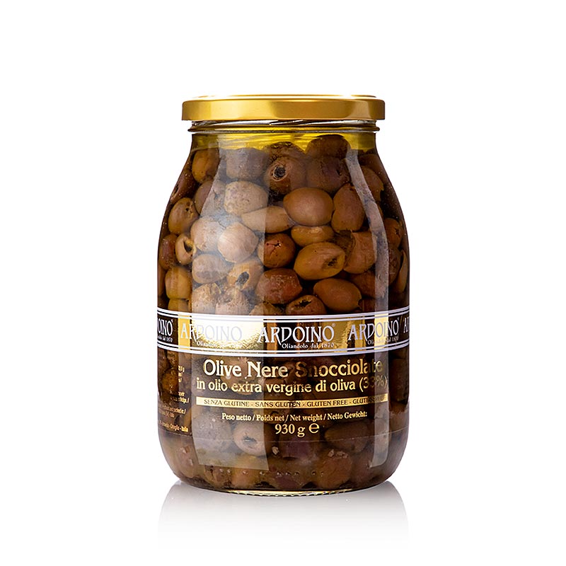 Ligurische schwarze Oliven, ohne Kern, in nativem Olivenöl extra eingelegt, perfekt für Antipasti und Salate