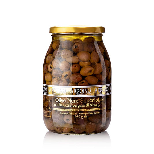 Ligurische schwarze Oliven, ohne Kern, in nativem Olivenöl extra eingelegt, perfekt für Antipasti und Salate