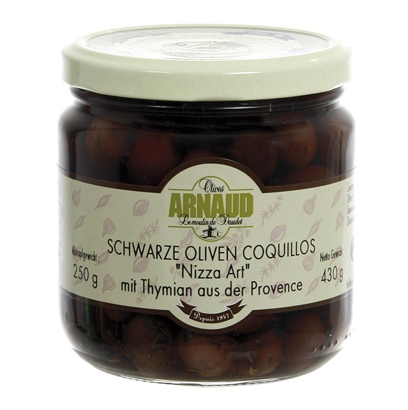 Schwarze Oliven mit Kern, Coquillos Oliven mit Thymian in Lake, Arnaud, 430 g - Dunkel purpurrote, kleine Oliven, ein Jahr lang in aromatischer Salzlake gereift, süßer, tiefer Geschmack, ideal zu Tapas, Antipasti, Salaten und mediterranen Gerichten, überzeugt auch Nicht-Oliven-Liebhaber