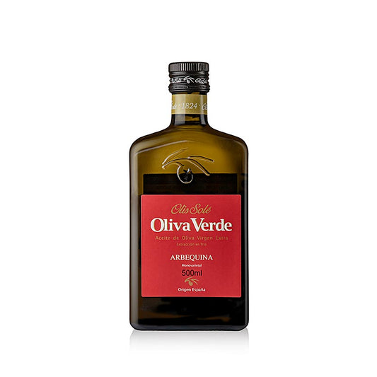 Natives Olivenöl Extra aus Arbequina-Oliven, handgepflückt, nicht gefiltert, goldgelb mit grünem Schimmer, blumig mild und nussiger Nachklang, ideal für Gemüse, Pesto, Salate und Fisch