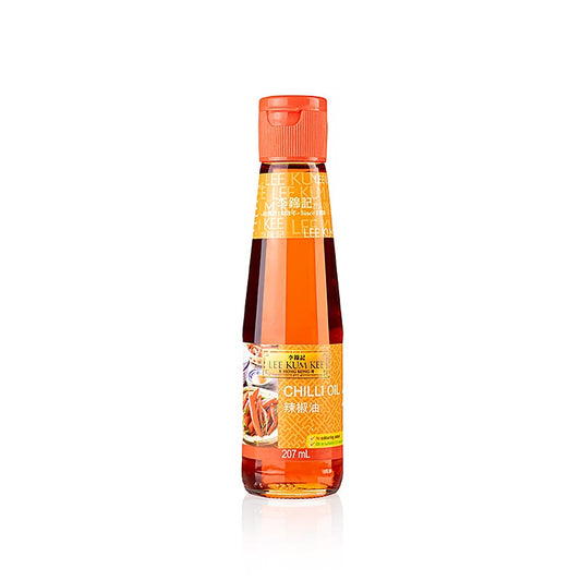 Lee Kum Kee Chiliöl, hergestellt aus Sojabohnenöl und scharfen, roten Chilischoten, perfekt für scharfe Dips, Gerichte, Pizza und Pastasaucen