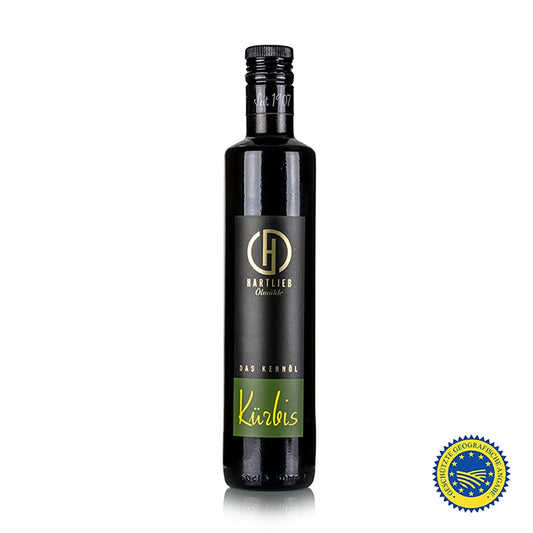 Kürbiskernöl aus der Steiermark ggA, 100% rein, Hartlieb, 500 ml - Hochwertiges, intensiv duftendes Öl, hergestellt aus fein zerhackten Kürbiskernen, das perfekt zu Suppen, Salaten, Desserts und anderen Gerichten passt