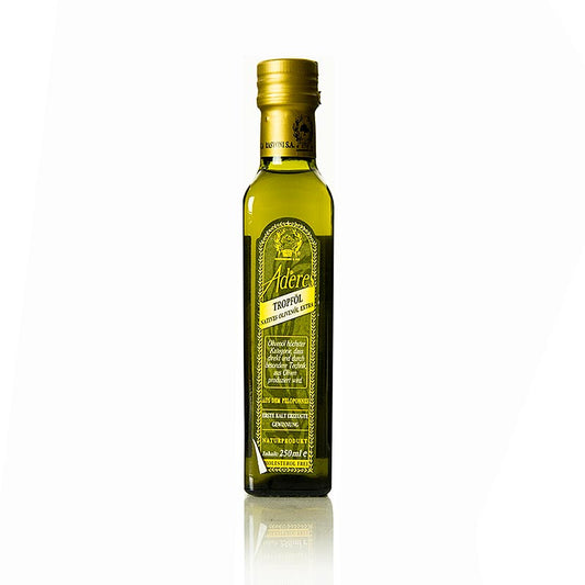 Flasche natives Olivenöl Extra Aderes Tropföl aus Peloponnes, 250 ml, handgeerntet, mit feinem Aroma und niedrigem Säuregehalt, ideal für Rohkostsalate