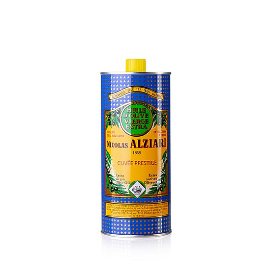 Natives Olivenöl Extra, Fruité Douce, mild, Alziari, 500 ml - Feines, goldgelbes Olivenöl aus Nizza, mit fruchtig-milder Finesse und Noten von Mango, Artischocken und Nüssen, ideal zu gegarten und rohen Gerichten