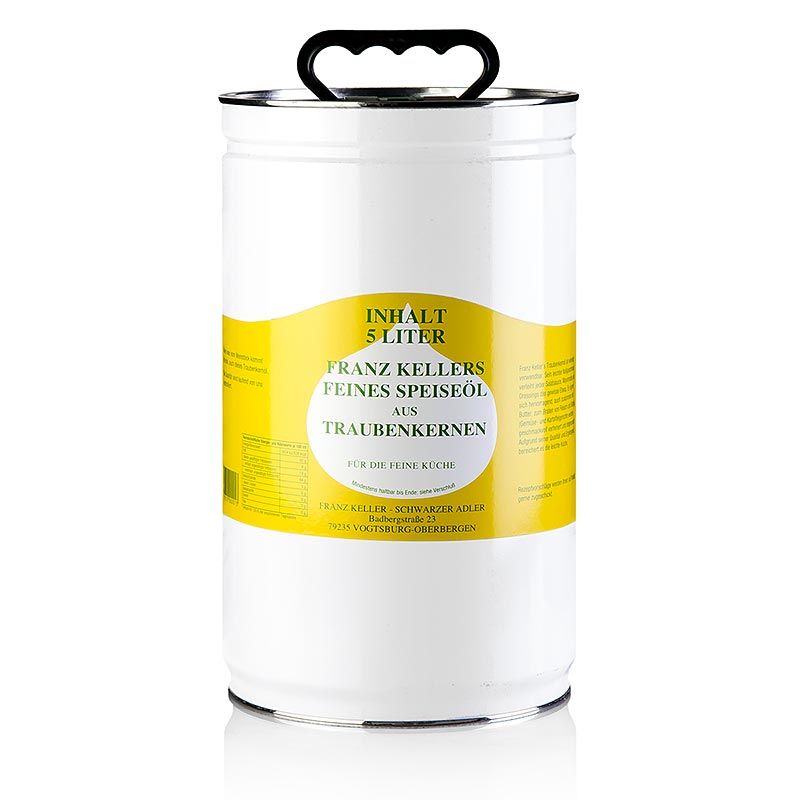 Franz Keller Traubenkernöl, 5 Liter - mild mit nussigem und würzigem Geschmack, vielseitig verwendbar in Salatsaucen, Mayonnaise, Dressings, zum Braten von Fleisch und Geflügel, hochwertige Qualität und ergiebig