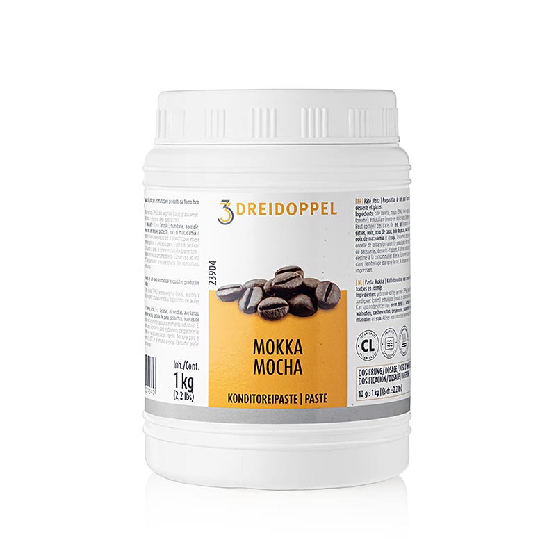 Spezielle Mokka-Paste von Dreidoppel, No239, 1 kg, ideal zum Aromatisieren von Cremes, Sahne, Quark, Desserts, Pralinen, Eis, hergestellt aus Aromaextrakten, pflanzlichem Öl und gehärteten, pflanzlichen Fetten