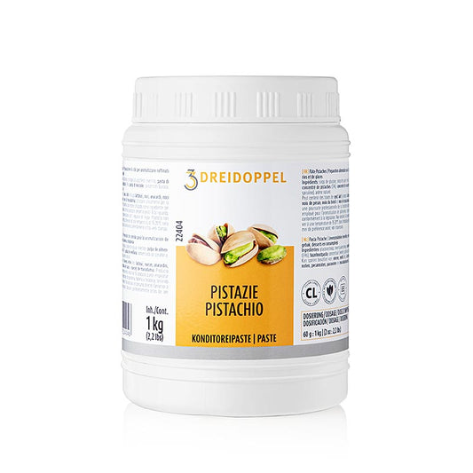 Pistazien-Paste von Dreidoppel, ideal für die Herstellung von Milchspeiseeis und zur Aromatisierung von Sahne, Cremes, Füllungen und Dessertspeisen, hergestellt aus natürlichen Aromastoffen, Invertzucker, Glukosesirup, Mandel-, Pistazien- und Haselnussmark sowie Extrakten aus Spinat und Brennesseln, für einen leckeren Pistaziengeschmack