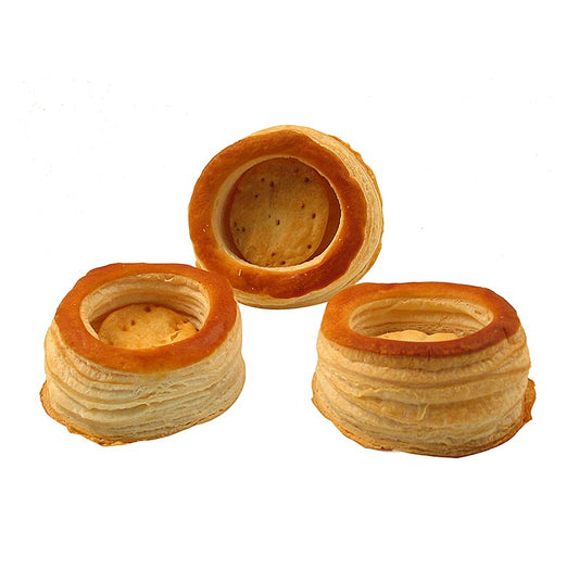 Blätterteig-Königin-Pasteten, ø 8cm, HUG, 2,88 kg, 72 St - Gebrauchsfertige Pasteten aus Weizenmehl, Margarine, Rapsöl, Wasser, Eiern, Salz, Erdnussöl und Zucker, perfekt für verschiedene Füllungen und als Vorspeise, Nachspeise oder Snack!