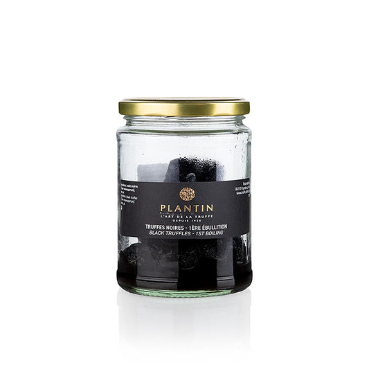 Winteredeltrüffel extra (Tuber Melanosporum), 1er Choix, ganze Trüffel Knolle, Plantin, 105 g - Schwarze Wintertrüffel in Trüffelsaft gekocht, ideal für Terrinen, Saucen und Frischkäse Entfalten Sie ihr volles Aroma, indem Sie sie in Olivenöl anbraten