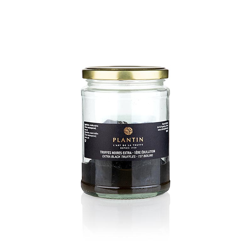 Winteredeltrüffel extra (Tuber Melanosporum), ganze Trüffel, rund, Plantin, 210 g - Runde und schöne Trüffel in Salz und Trüffelsaft eingekocht Vollkonserve, vielseitig verwendbar für Terrinen, Pasteten, Saucen und Frischkäse Vorher in Olivenöl angedünstet für Saucen