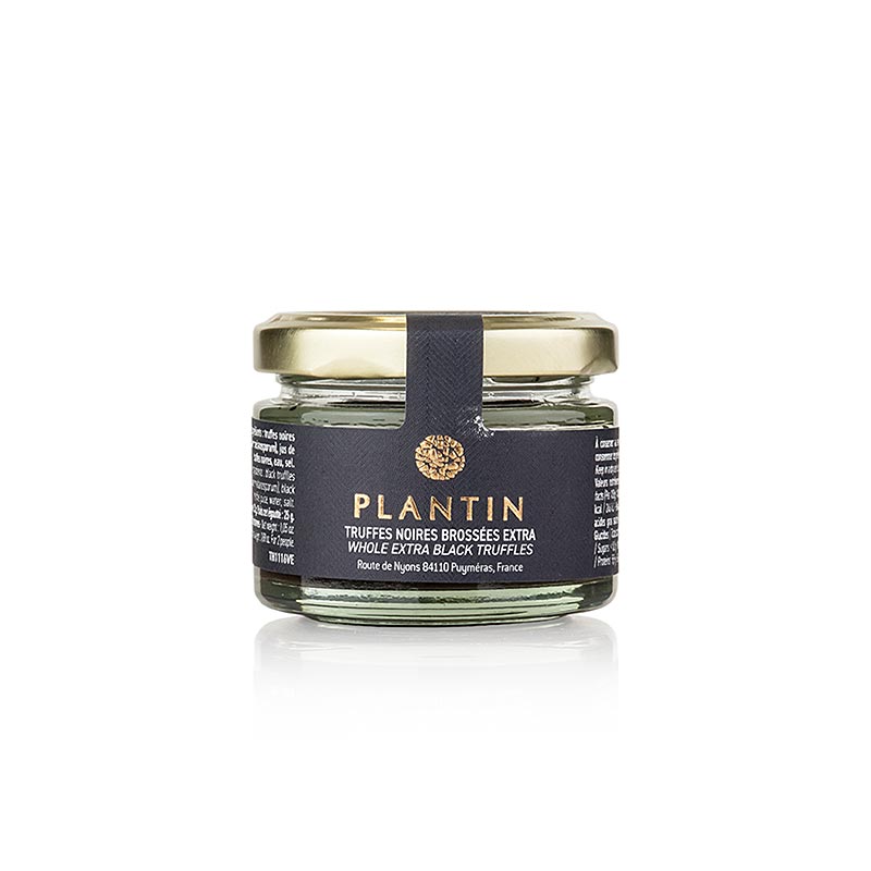 Winteredeltrüffel extra (Tuber Melanosporum), ganze Trüffel, rund, Plantin, 30 g - Besonders runde und schöne Trüffel mit einem sehr guten Reifegrad, eingekocht in Salz und Trüffelsaft Vollkonserve, vielseitig verwendbar für Terrinen, Pasteten, Saucen und Frischkäse Vorher in Olivenöl angedünstet für Saucen