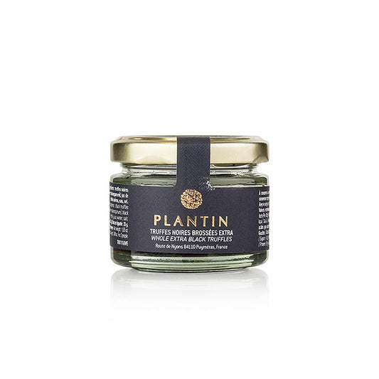 Winteredeltrüffel extra (Tuber Melanosporum), ganze Trüffel, rund, Plantin, 30 g - Besonders runde und schöne Trüffel mit einem sehr guten Reifegrad, eingekocht in Salz und Trüffelsaft Vollkonserve, vielseitig verwendbar für Terrinen, Pasteten, Saucen und Frischkäse Vorher in Olivenöl angedünstet für Saucen