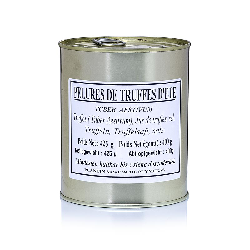Sommertrüffel Pelures, Trüffelschalen/-scheiben, Plantin, 425 g - Schalen vom Sommertrüffel in Salz und Trüffelsaft eingekocht, ideal zum Aromatisieren von Saucen nach dem Andünsten in Olivenöl
