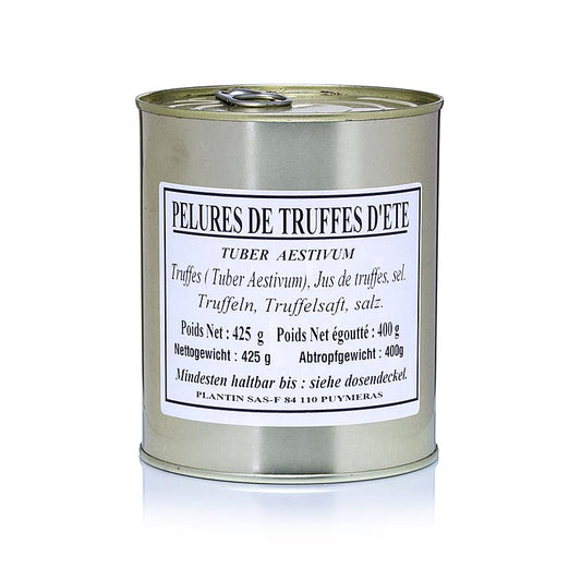 Sommertrüffel Pelures, Trüffelschalen/-scheiben, Plantin, 425 g - Schalen vom Sommertrüffel in Salz und Trüffelsaft eingekocht, ideal zum Aromatisieren von Saucen nach dem Andünsten in Olivenöl