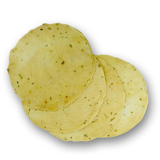 Pappadums, mit grünen Chilis gewürzt, ca ø 18cm, 110 g, 16 St - Eine Auswahl an indischen Brotfladen, hergestellt aus Linsenmehl, Reismehl, Salz, grünen Chilis und Pflanzenöl, ideal zum Frittieren, Grillen oder Rösten geeignet