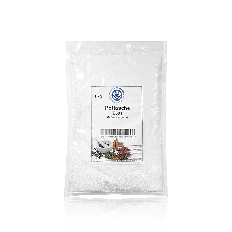 Pottasche - Kaliumcarbonat, Backtriebmittel für Lebkuchenteige, E501, 1 kg: weißes Pulver zur Lockerung von säurehaltigen oder säurebildenden Teigen, insbesondere für Weihnachtsbäckereien auf Honigteigbasis wie Lebkuchen und Honigkuchen