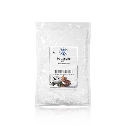 Pottasche - Kaliumcarbonat, Backtriebmittel für Lebkuchenteige, E501, 1 kg: weißes Pulver zur Lockerung von säurehaltigen oder säurebildenden Teigen, insbesondere für Weihnachtsbäckereien auf Honigteigbasis wie Lebkuchen und Honigkuchen