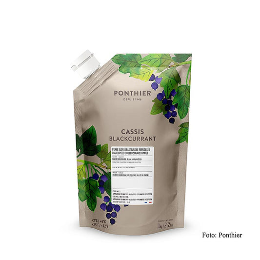 Fruchtpüree Cassis von Ponthier, intensiv farbig und authentisch im Geschmack, geeignet für gehobene Küche und vielseitige Verwendung in Torten, Gebäck, Desserts und Eis Bietet eine schöne Mischung aus säuerlichen und bitteren Noten