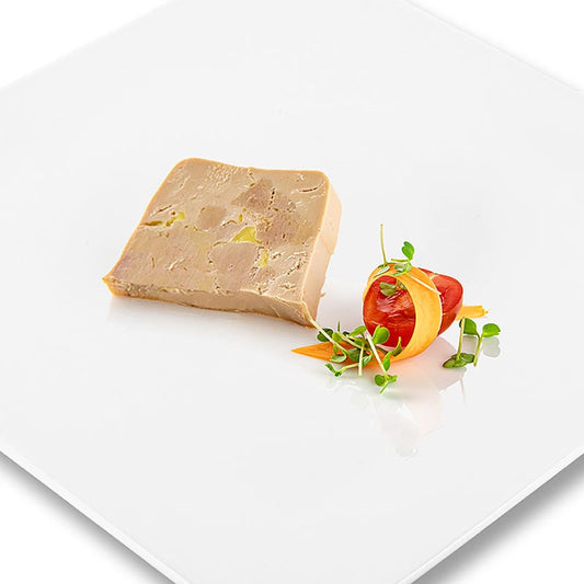 Ein attraktives Schnittbild des hochwertigen Produkts Entenleberblock, mit Stücken, Trapez, Halbkonserve, Foie Gras, Rougié, 180 g von Rougie, mit dezent gewürzter reiner Stopfleberfarce und marinierten Stopfleberstücken Ideal als Vorspeise mit Brinjal Auberginen Pickle oder Gelees von den Essbaren Landschaften