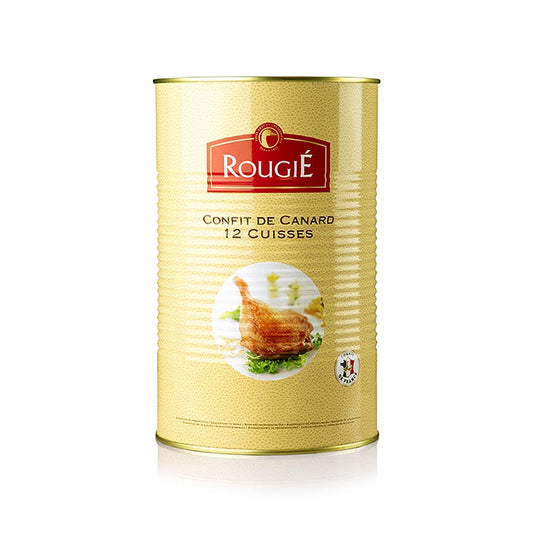 Entenkeulen Confit, 12 Keulen, Rougie, 3,825 kg - Traditionell im eigenen Schmalz vorgegarte und eingelegte Keulen von Enten, zart und saftig, ideal zum Erhitzen in der Pfanne oder im Ofen, mit wunderbarem Schmalz für die Zubereitung von Gerichten wie Bratkartoffeln